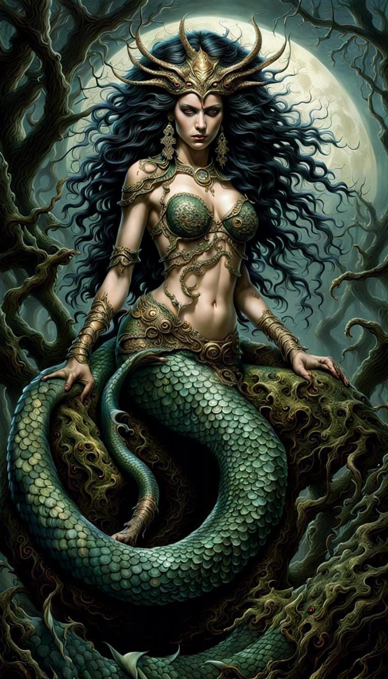 Fierce Mermaid Coiled in Forest Moonlight