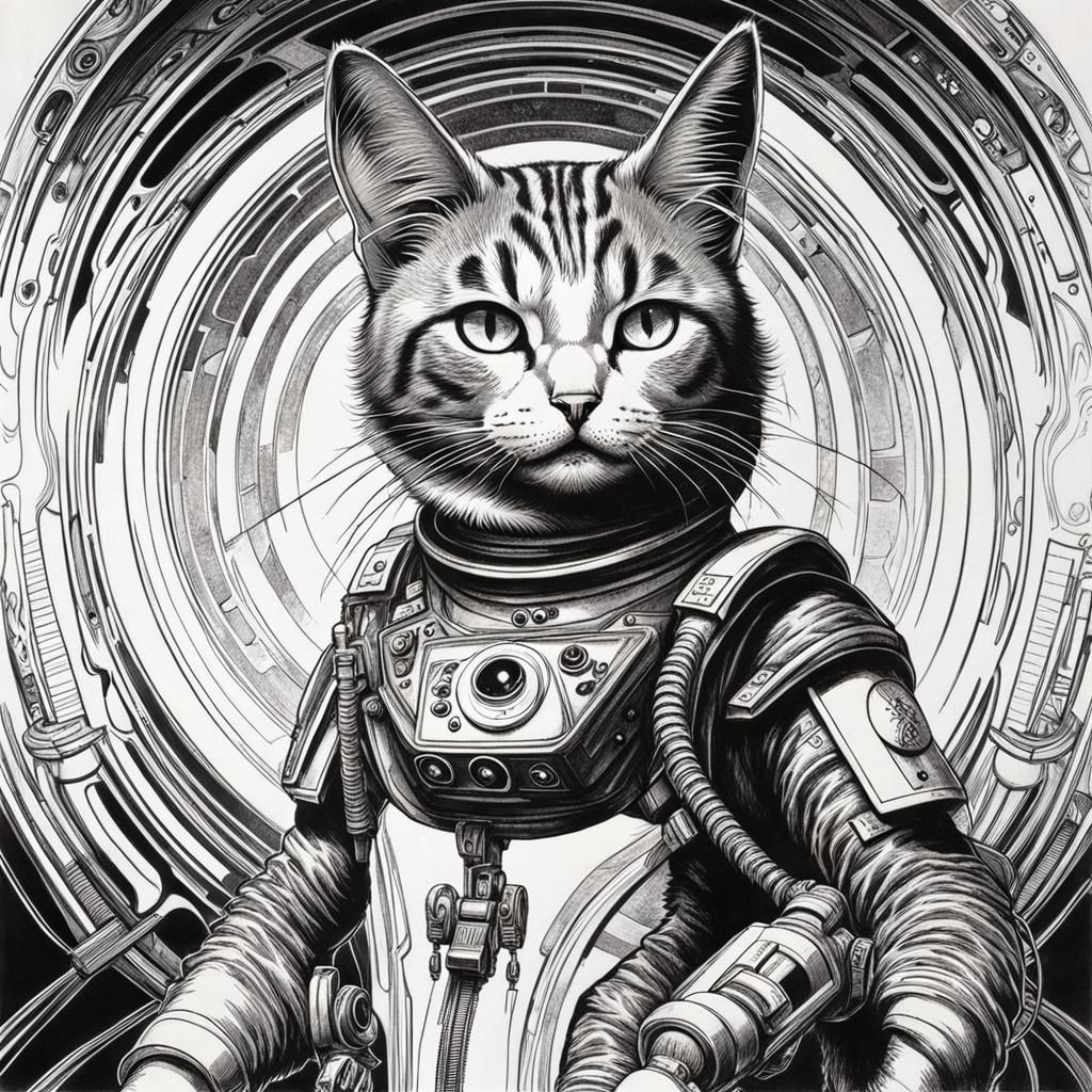 Monochrome Space Cat Sketch in Sci-Fi Style