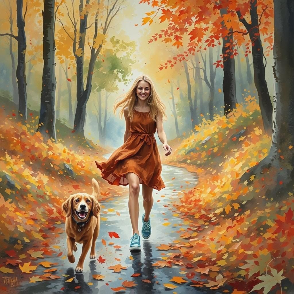 Autumn Stroll: Watercolor Woman in Maple Grove