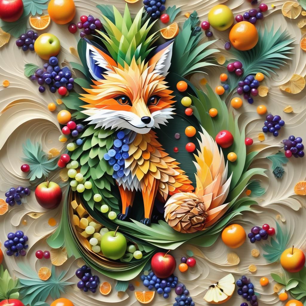 Fruit Still Life with Paper Fox, in Oil Paint