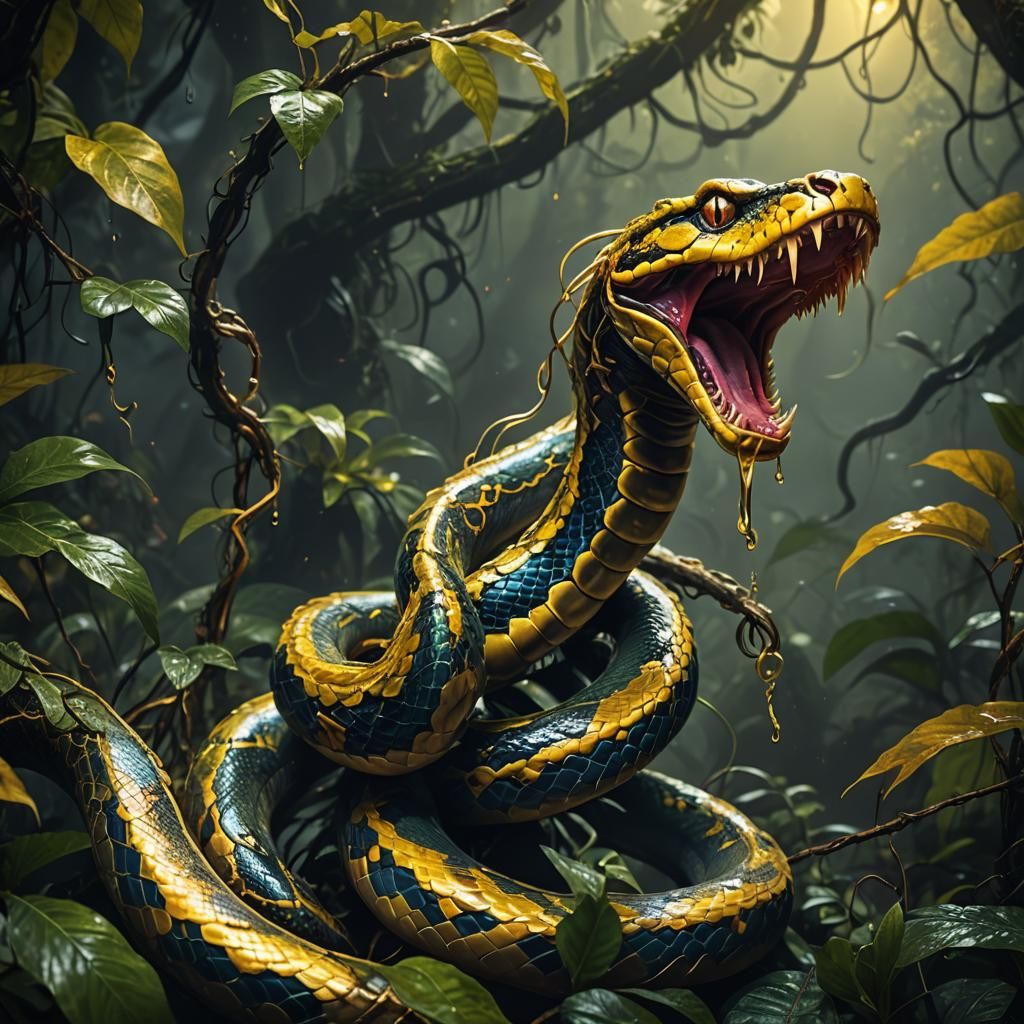 Golden Venom Dripping in a Misty Jungle