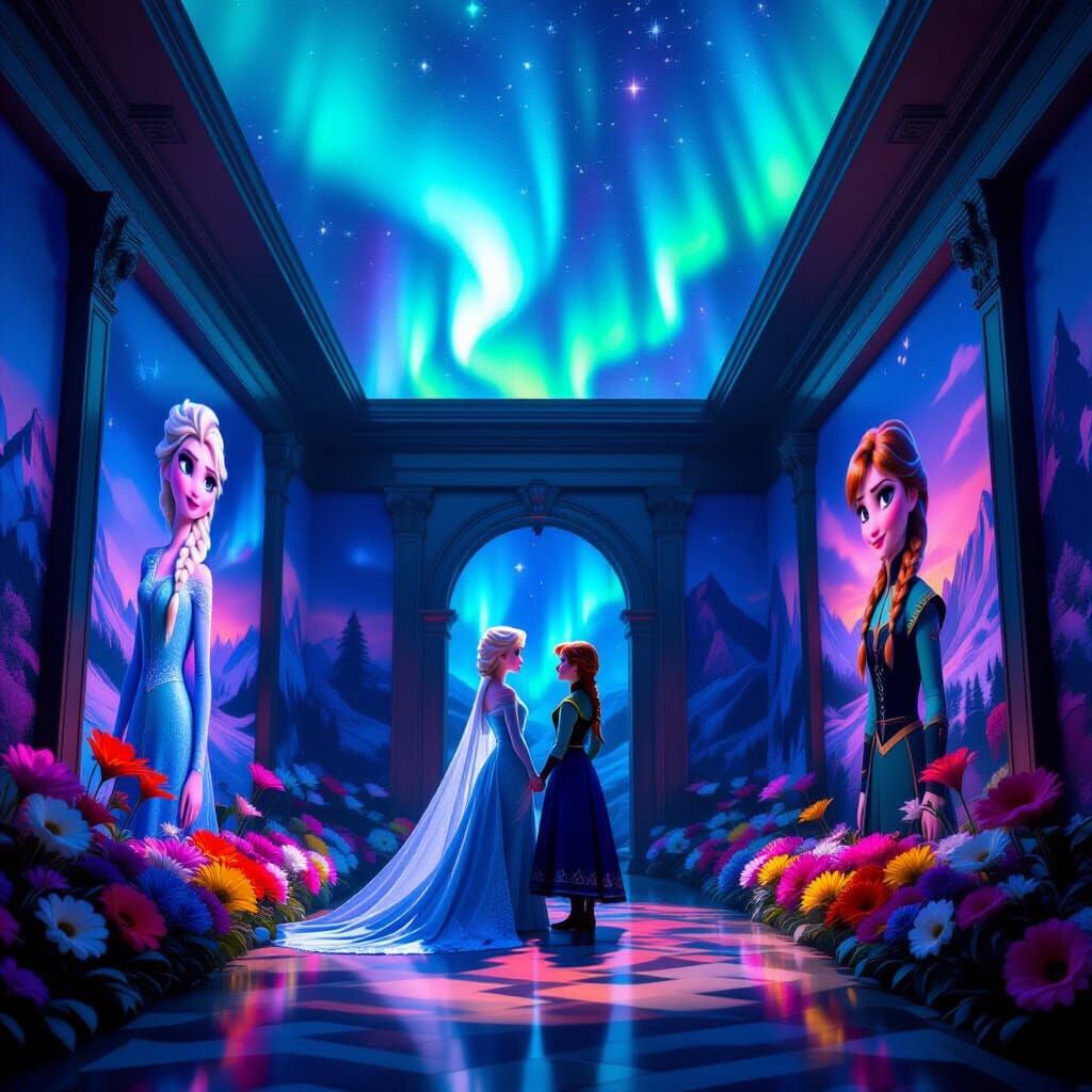 Magical Room with Aurora Ceiling and Floral Decor