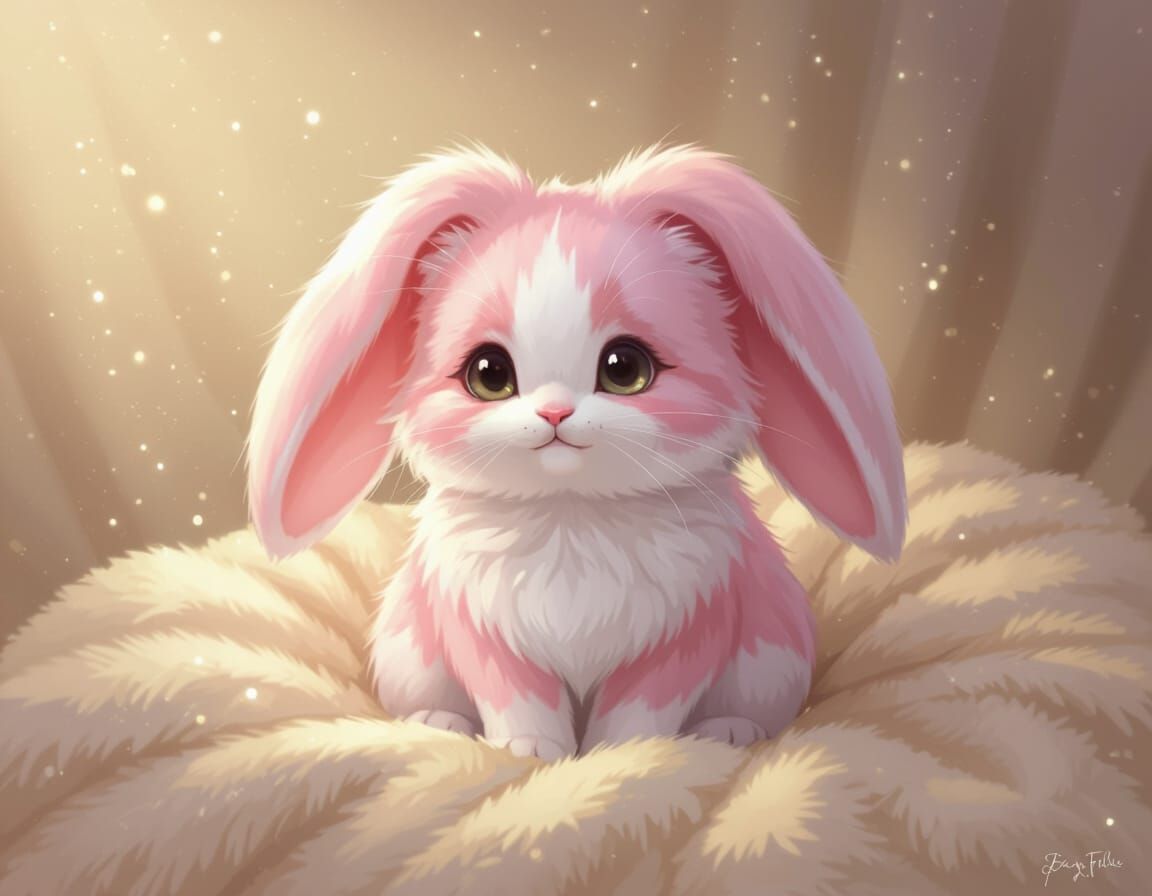 Cute Pink and White Fantasy Cat-Rabbit Creature