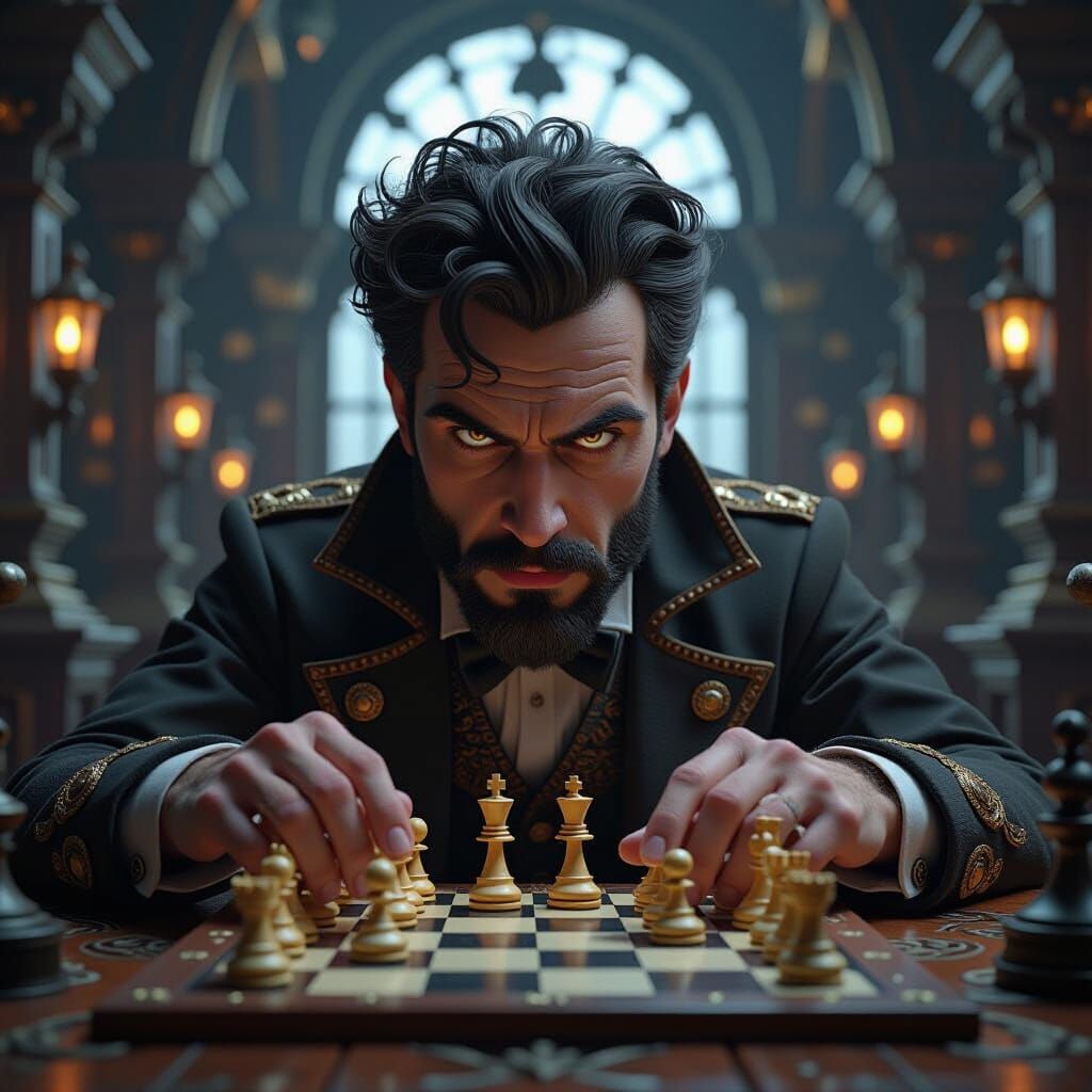 Steampunk Chess Player in Dark Biomechanical Style