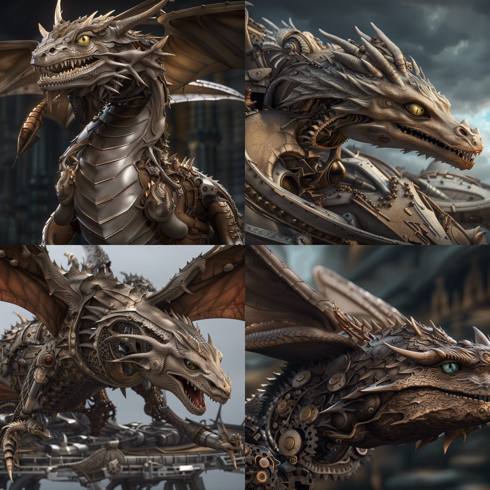 Hyperrealistic Mechanical Dragon with Baby Dragon