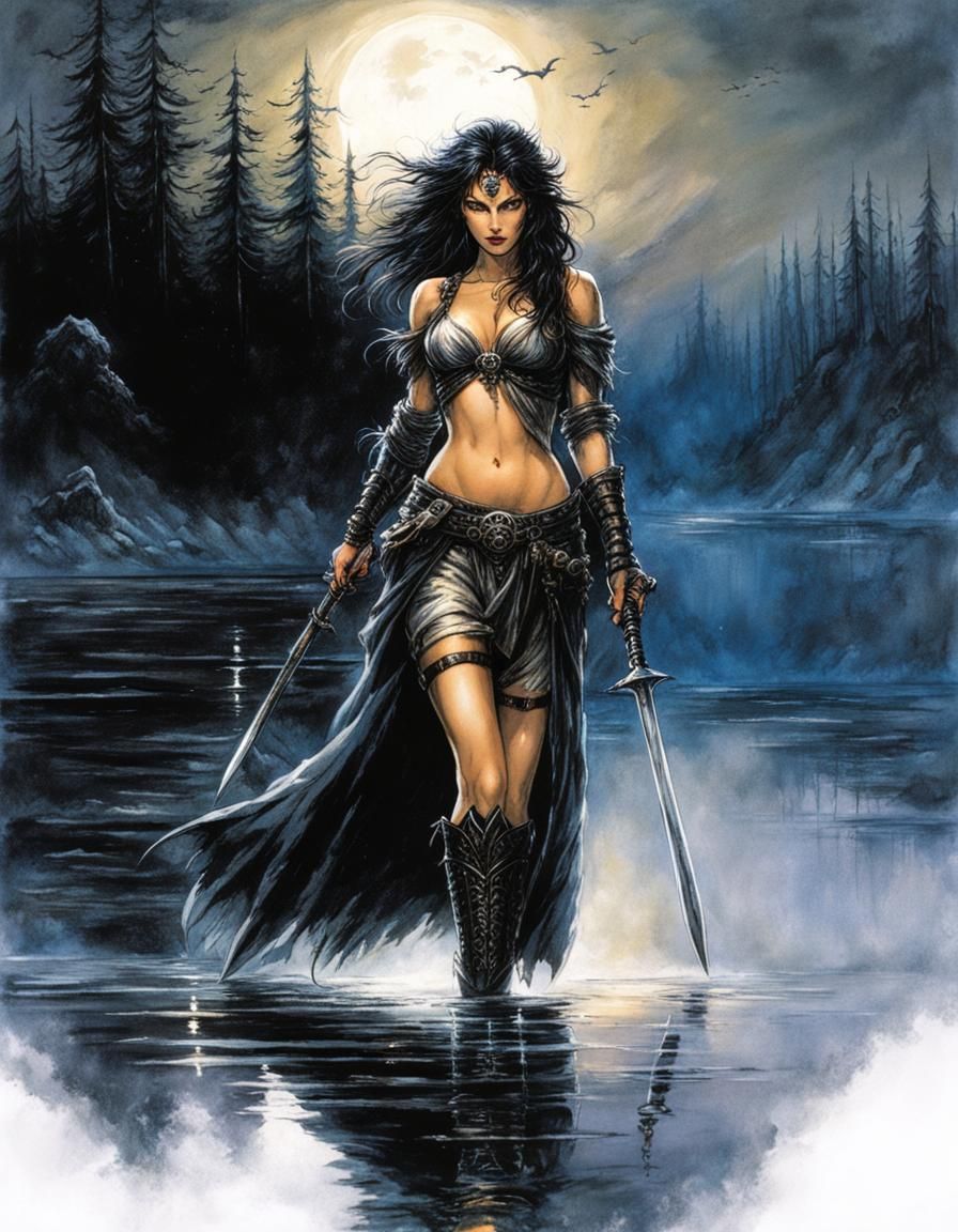 Dark Fantasy Adventurer Walks by Lake: Comic Art