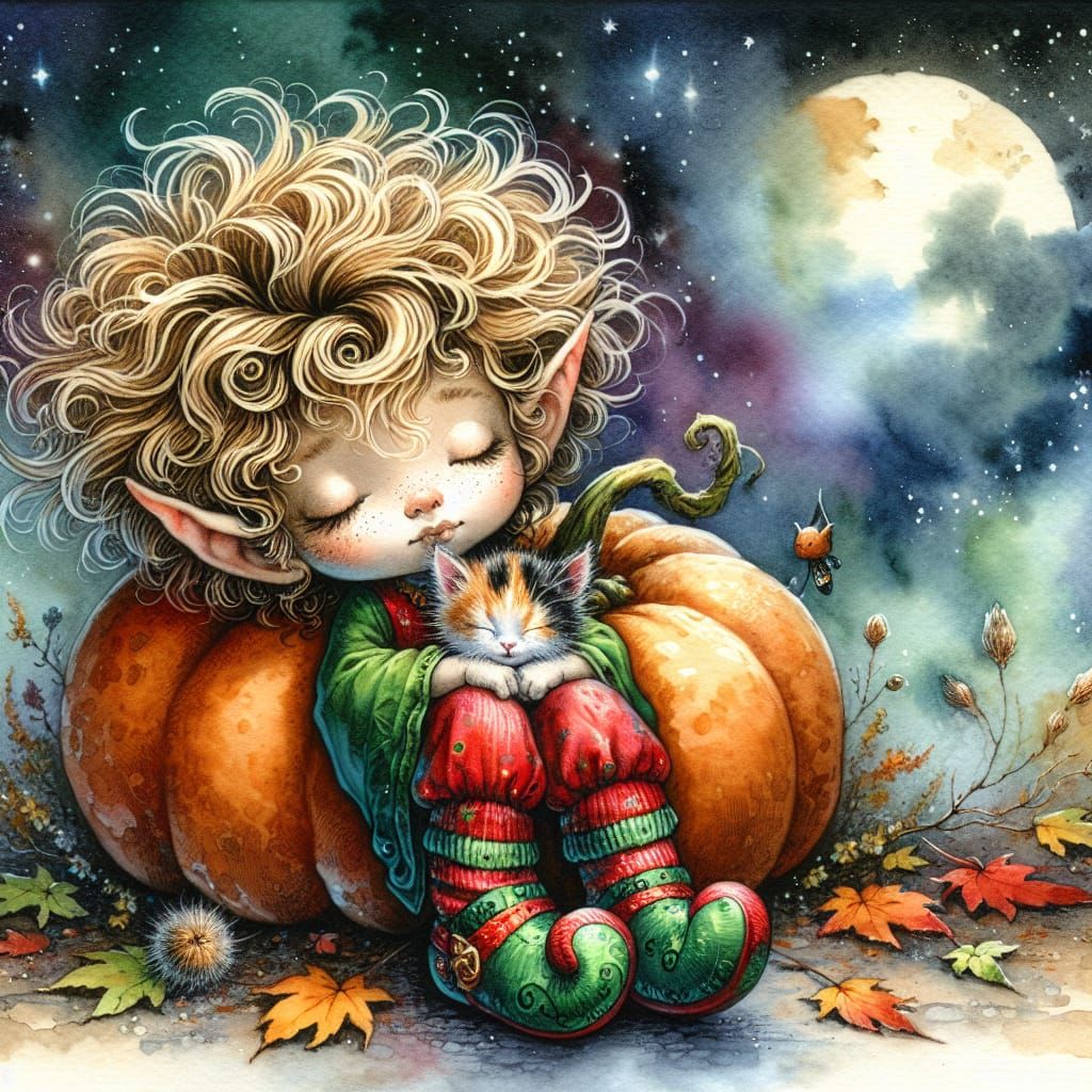 Baby Elf and Kitten Napping on Pumpkin