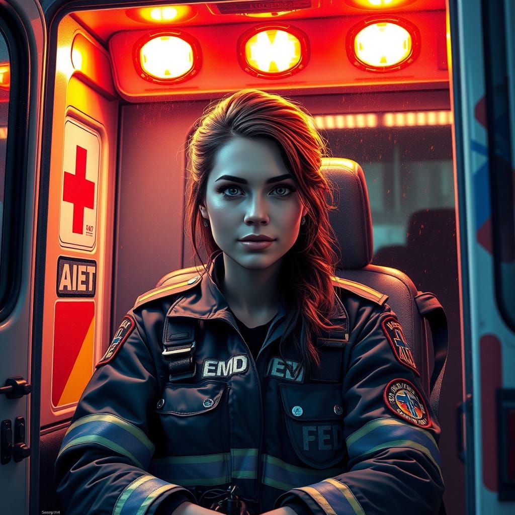 Vibrant EMT Ambulance Portrait in Triadic Colors