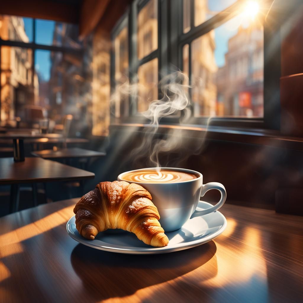 Coffee and Croissant in Sunlit Cafe
