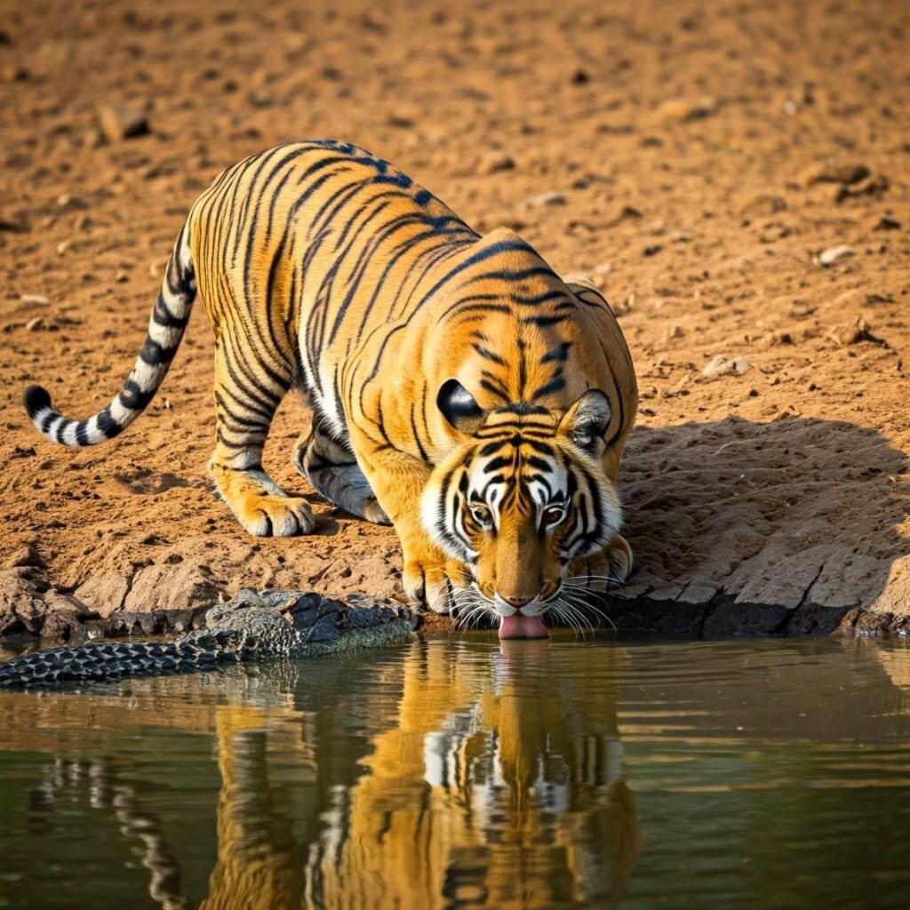 Bengal Tiger and Crocodile at Waterhole