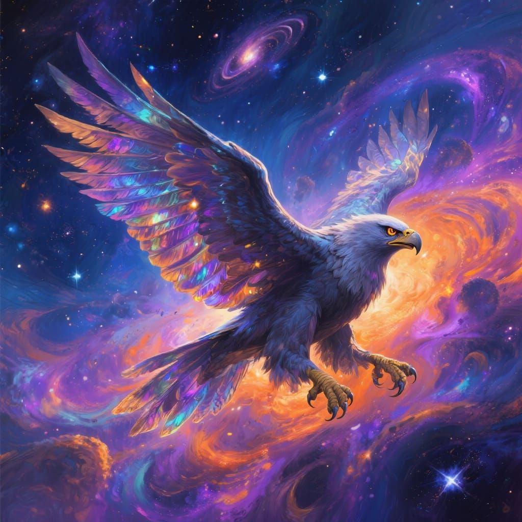 Griffin Soaring Through Nebula in Cosmic Fantasy Style