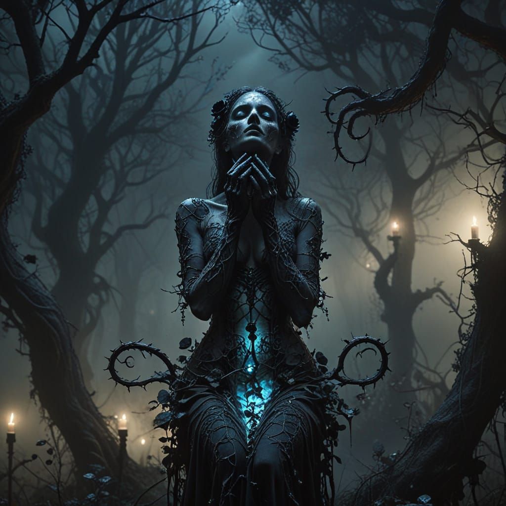 Black Roses Bloom From Hands in Dark Fantasy Forest