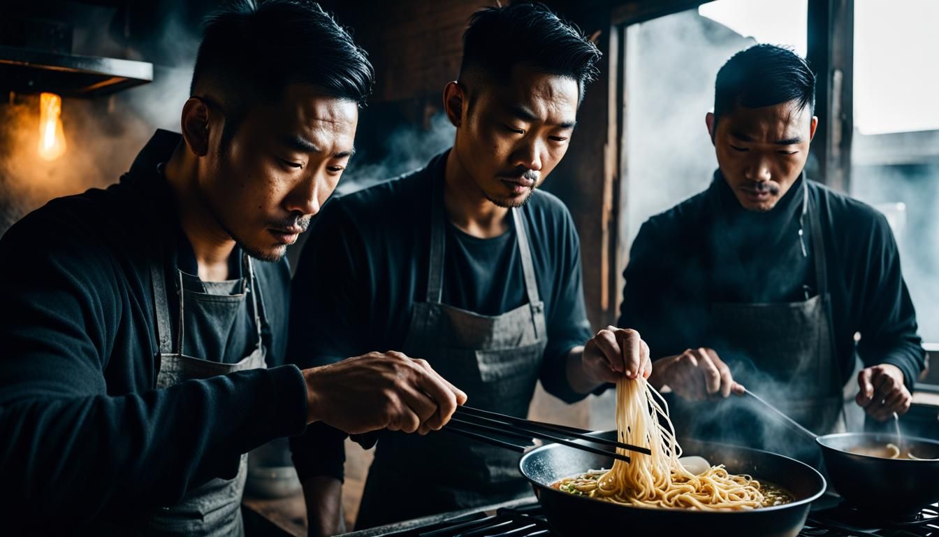 Two Asian Men Cooking Ramen, Close-Up Portrait