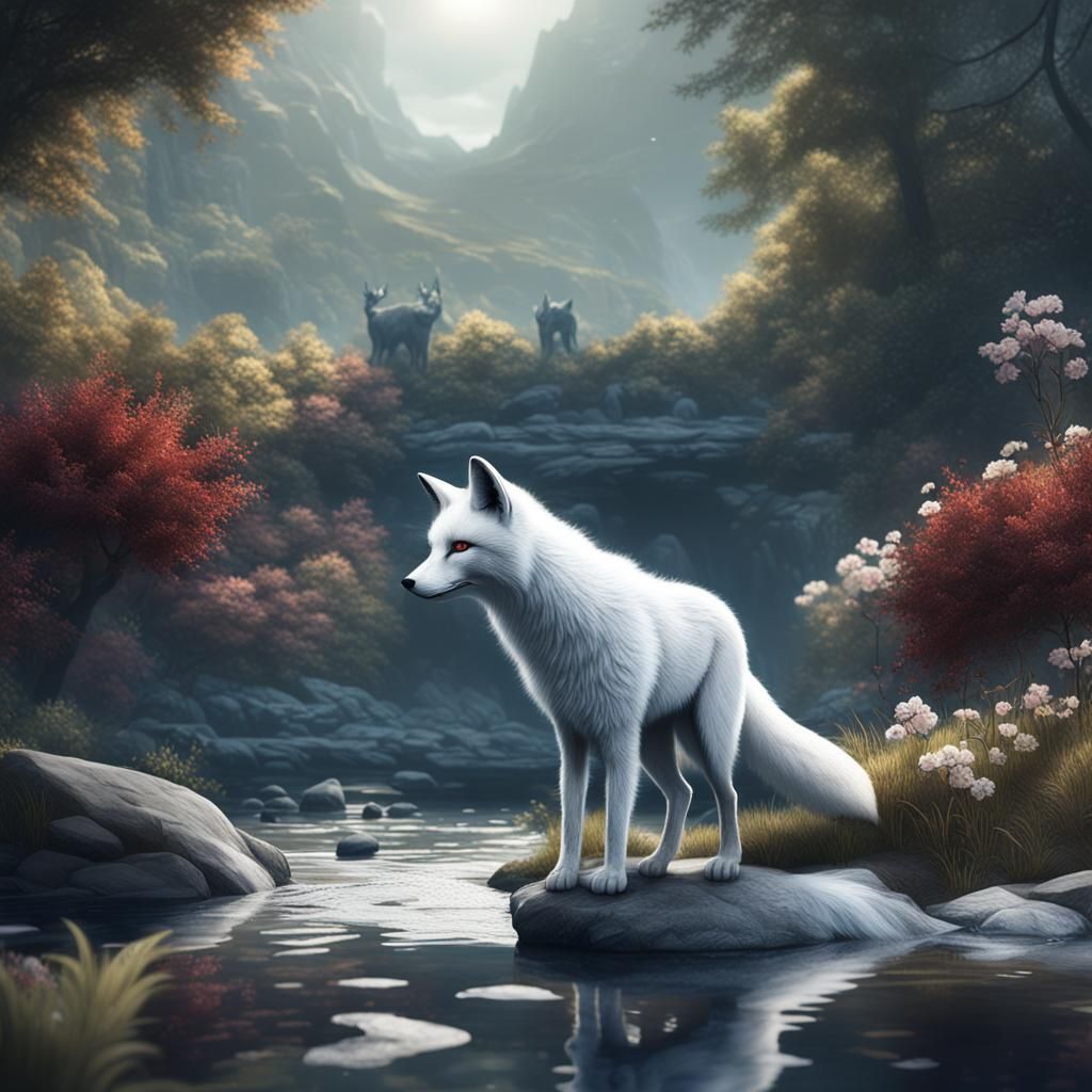 White Fox by River: Detailed Matte Painting