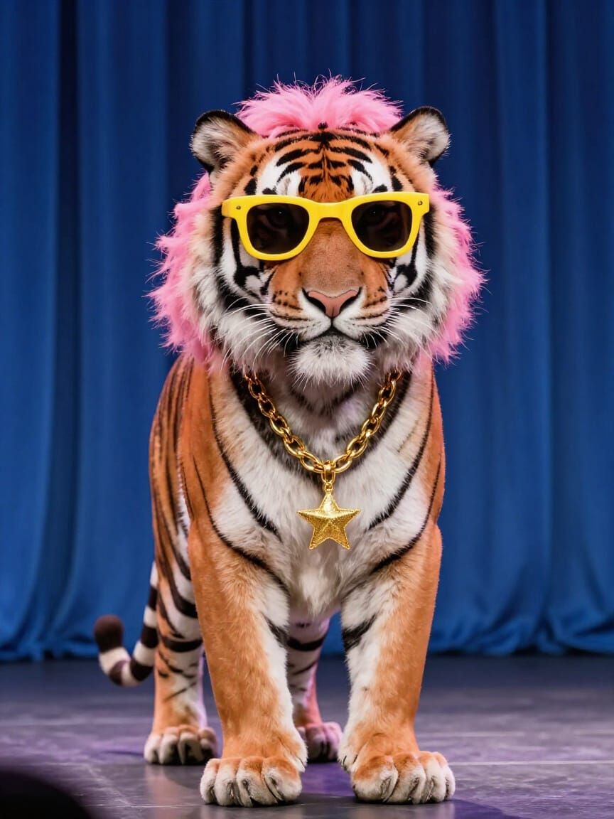 Punk Sloth Rocks Stage with Pink Hair and Tiger