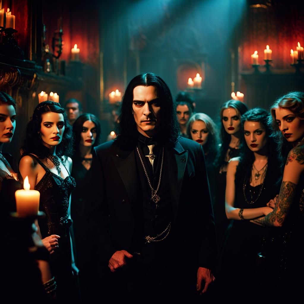 Young Man Surrounded by Goth Girls in Ornate Club