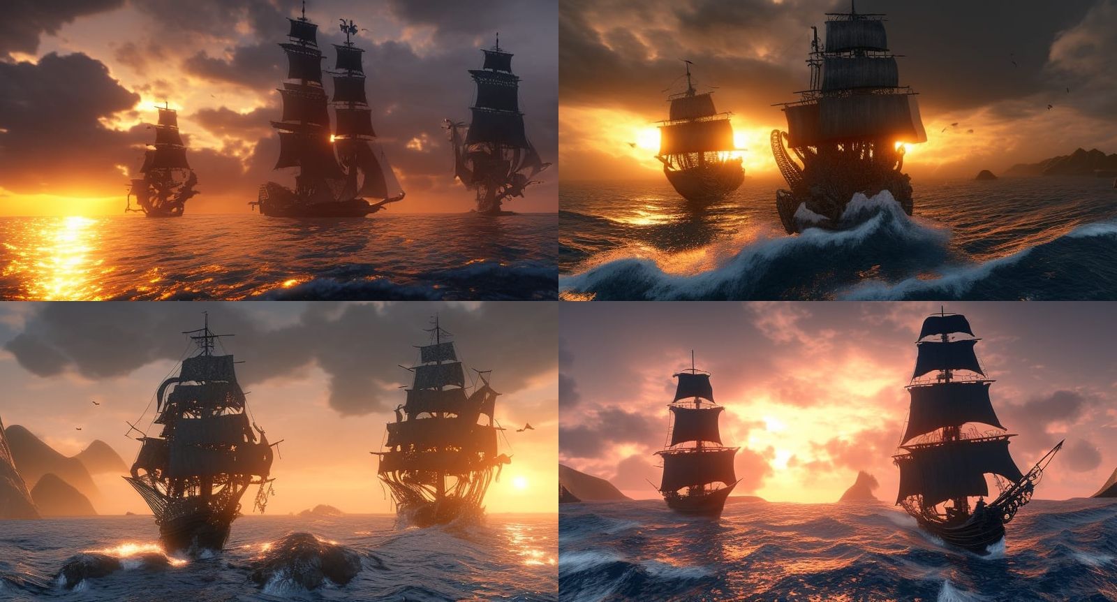 Pirate Ship Enters Island Bay at Sunset