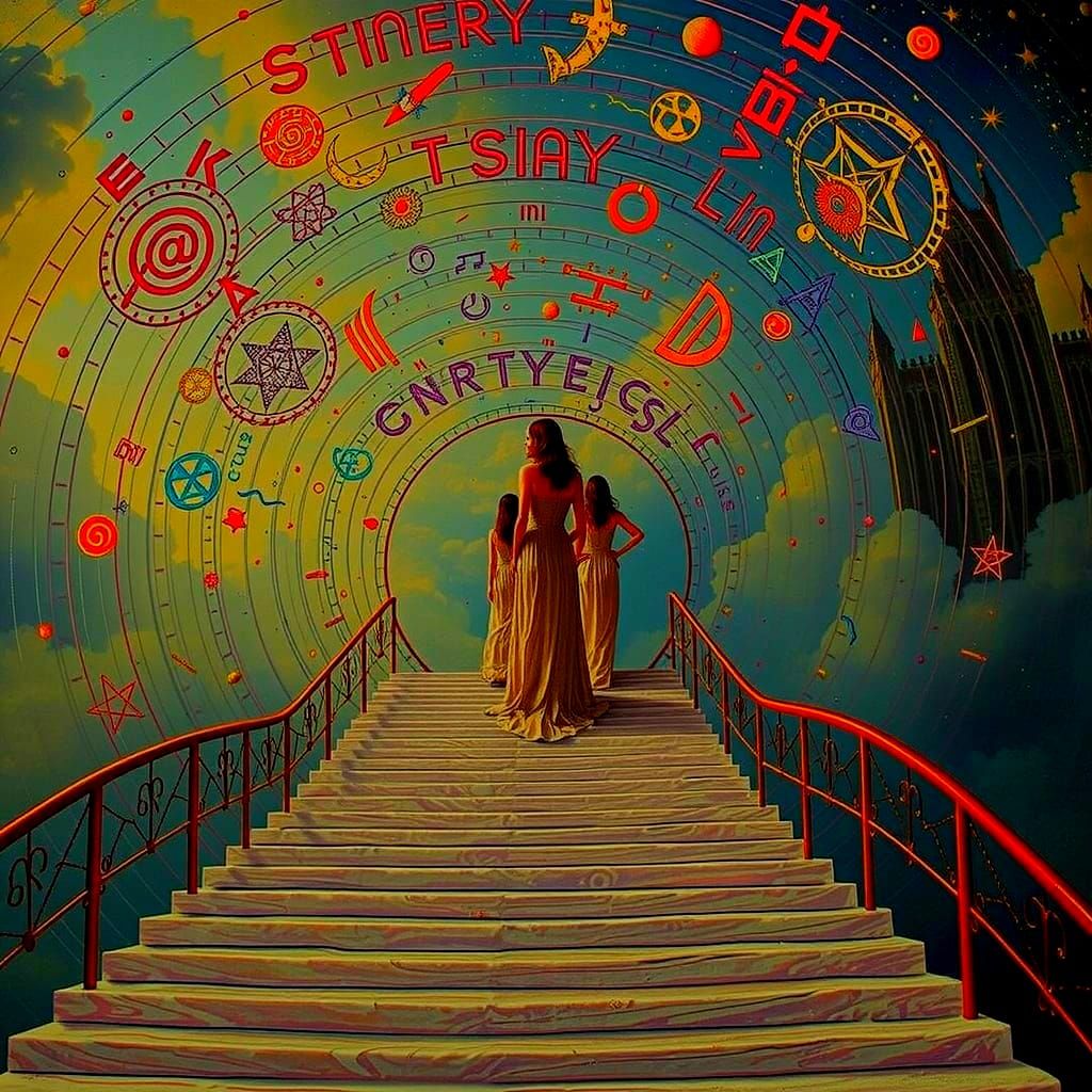 Three Sisters on Celestial Staircase in Hyperrealistic Style