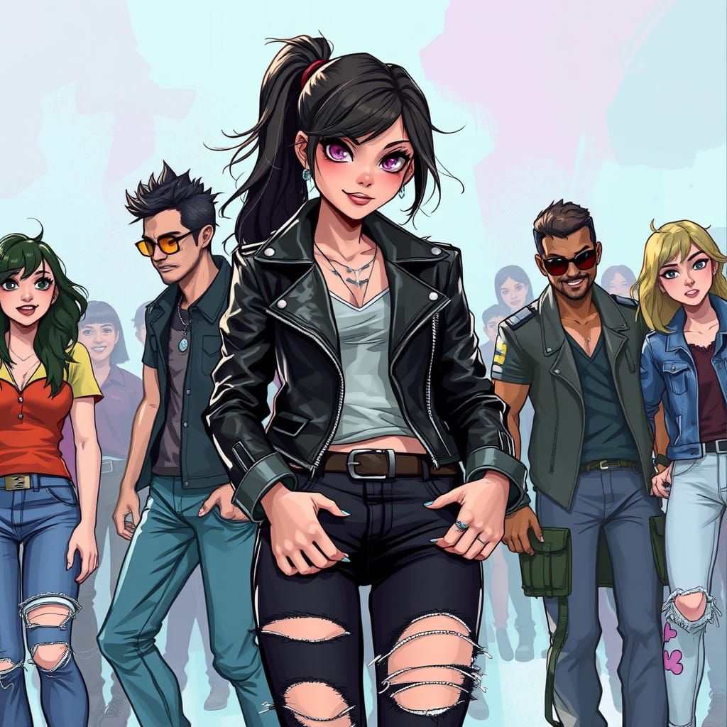 Biker Girl with Friends, Digital Painting Style