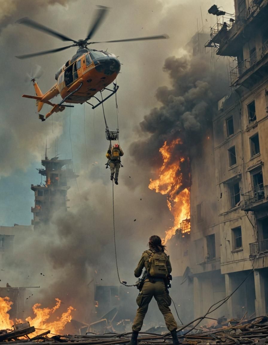 Soldier Girl's Fiery Helicopter Escape: Cinematic Still