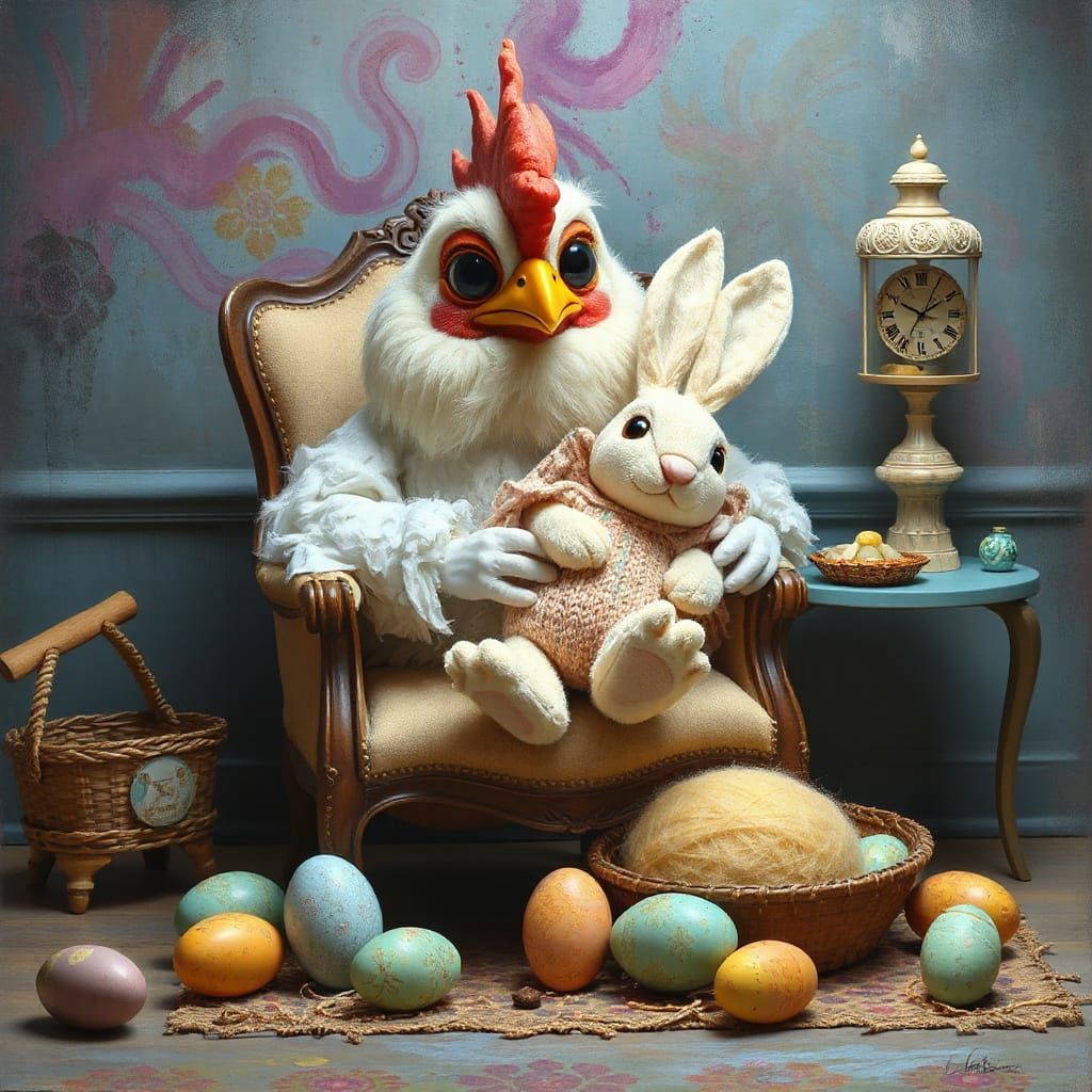 Whimsical Pop Surrealist Easter Bunny Knitting Scene