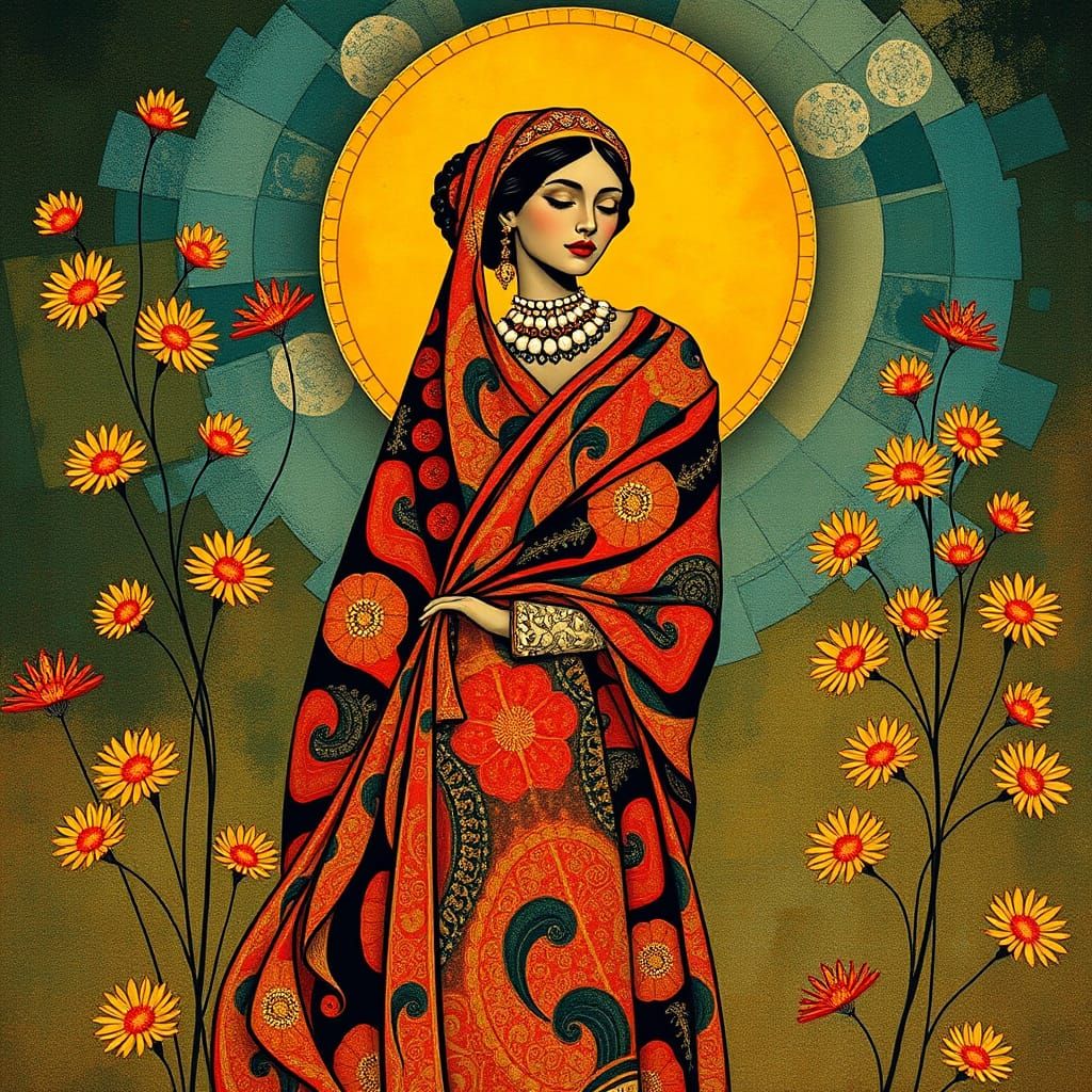 Embroidered Batik Portrait in Earthy Tones