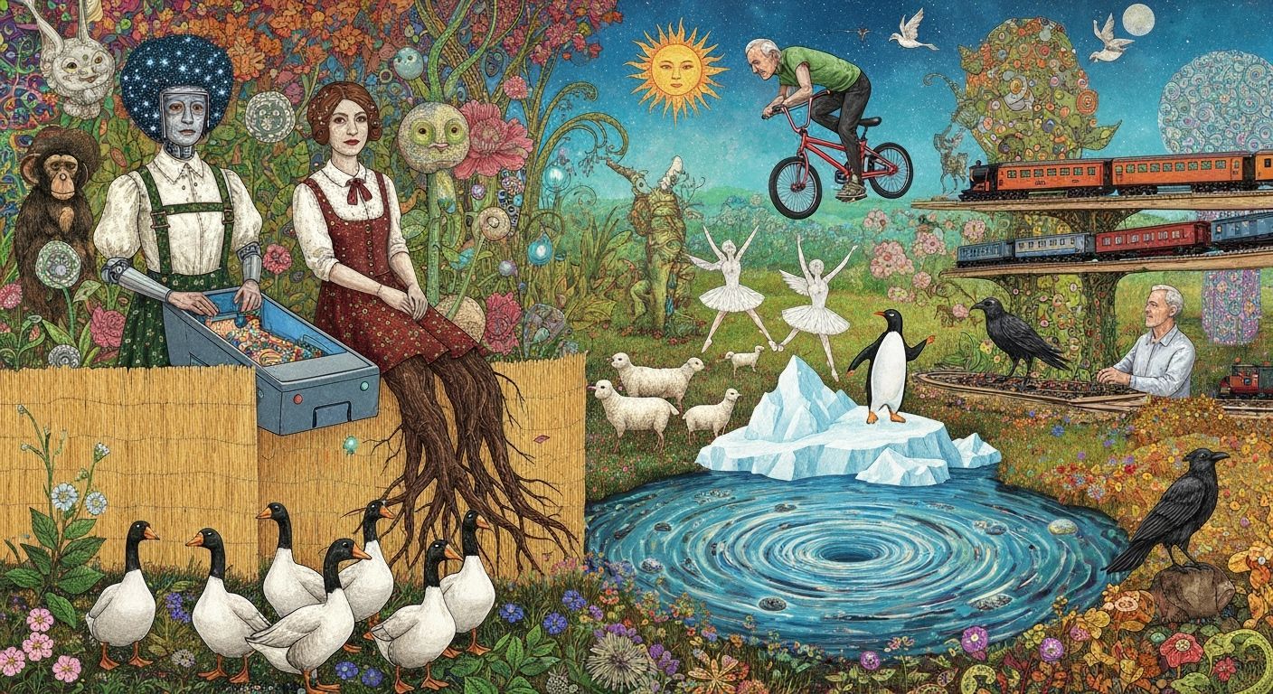 Folkloric Robot and Twins in Eco-Art Garden, 1920s Style