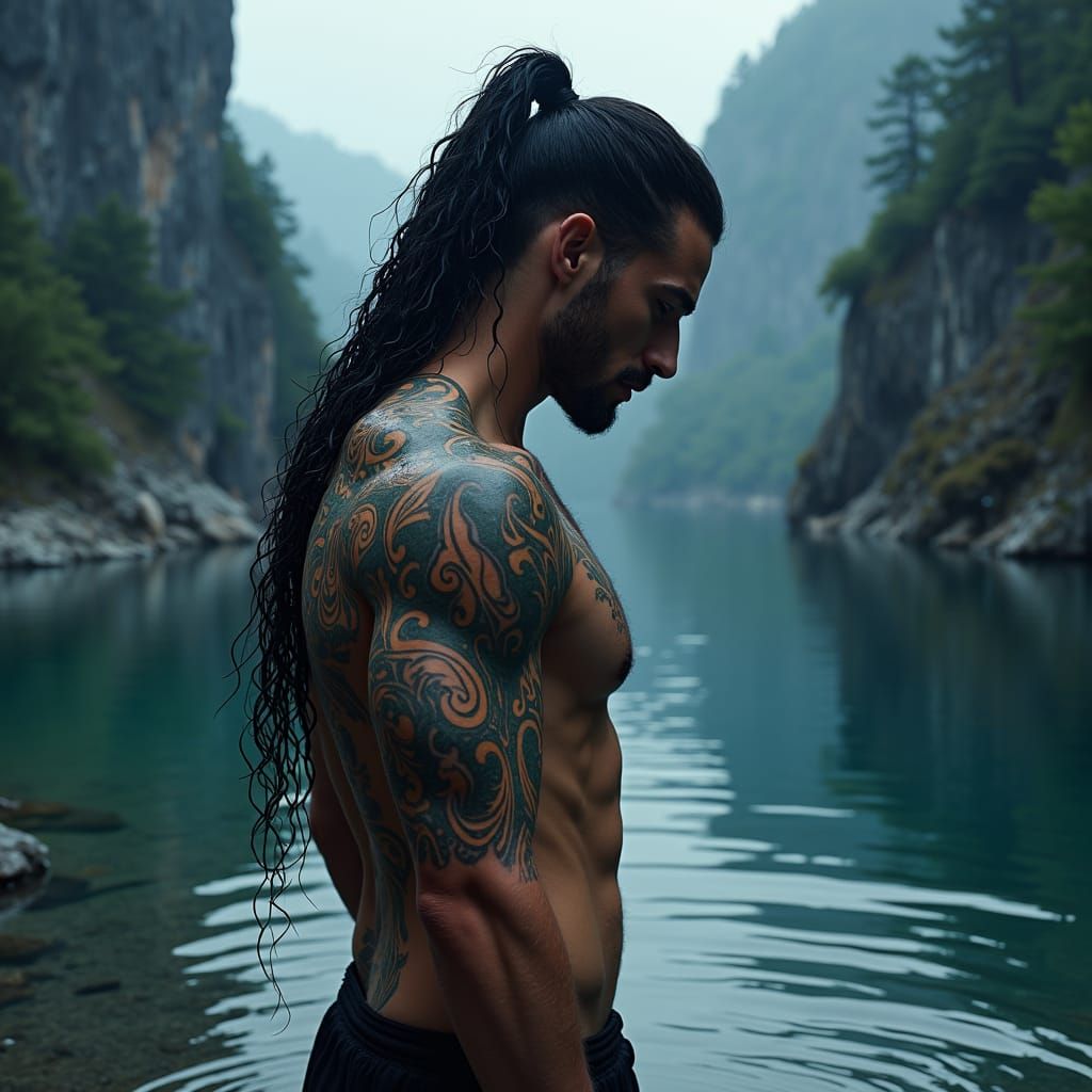 Midnight Pond: Athletic Man with Tribal Tattoos
