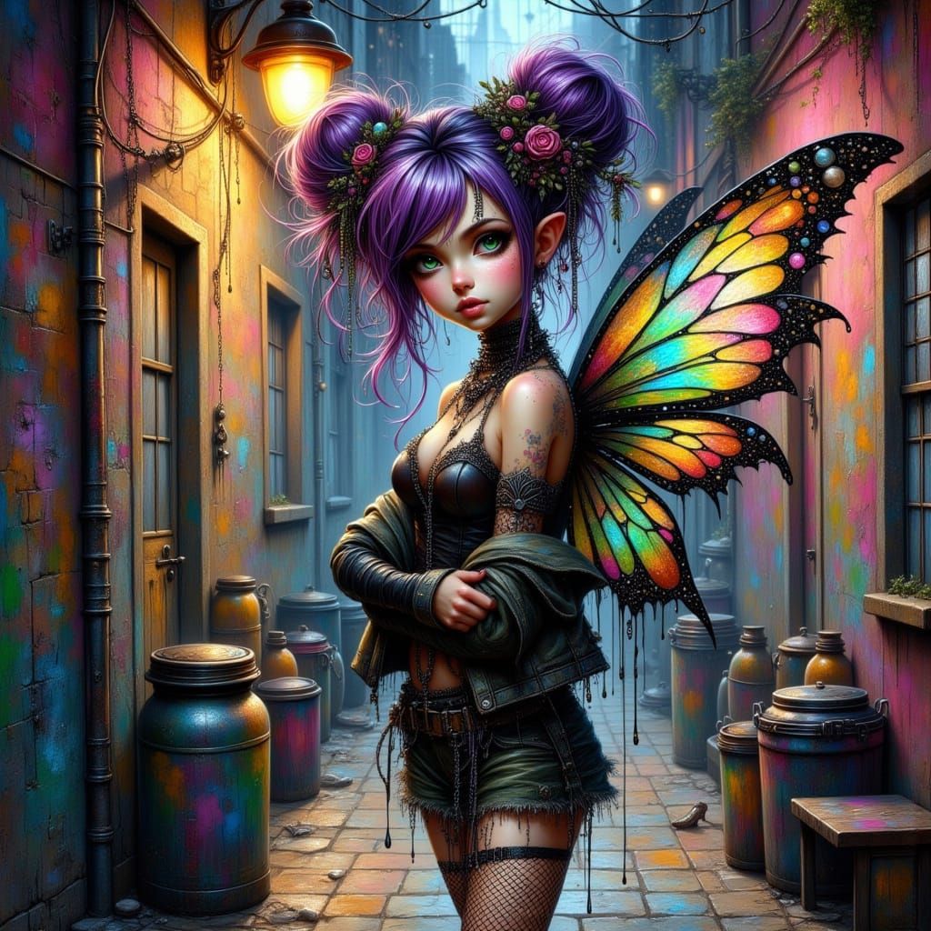 Gritty Punk Fairy in a Whimsical Urban Landscape