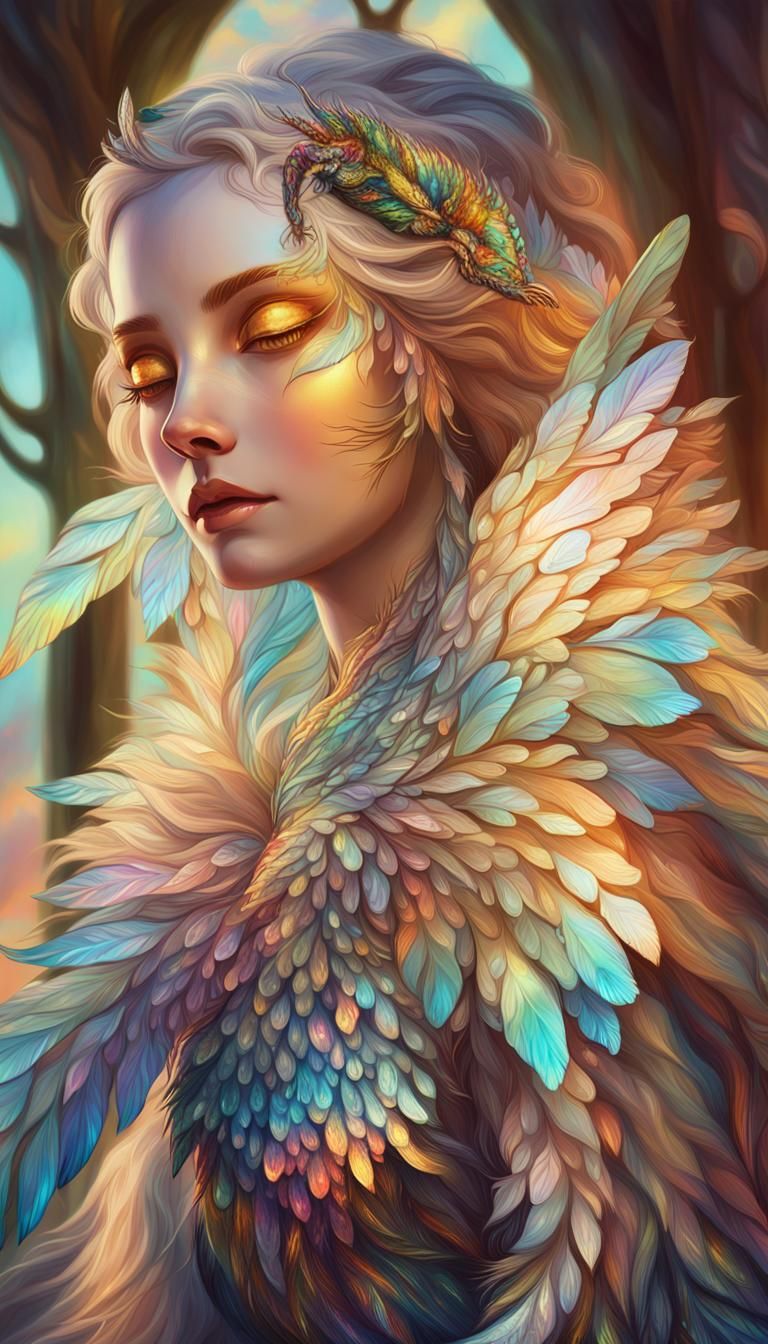 Iridescent Creature on Crystal Branch: Fantasy Oil Painting