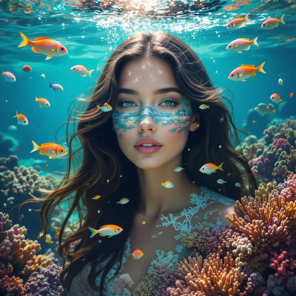 Underwater Woman: Surreal Art Nouveau Fusion