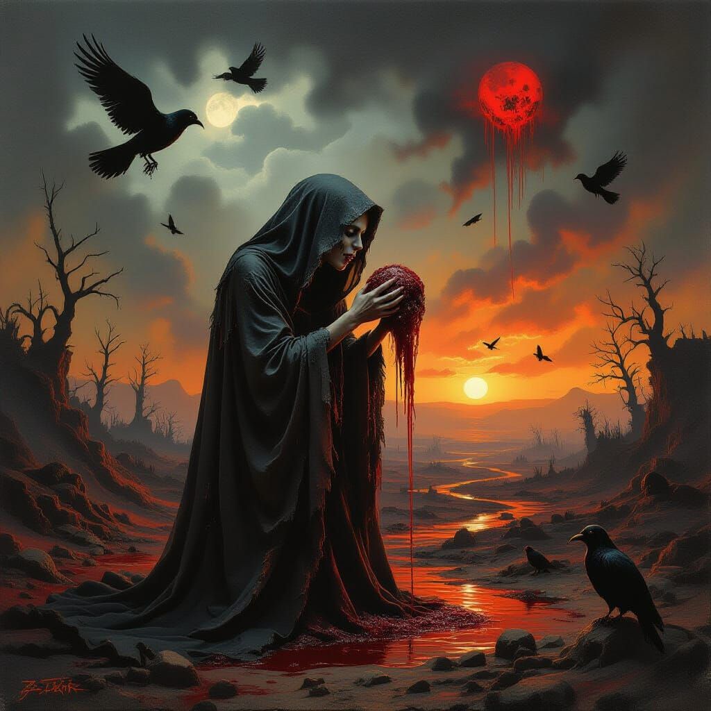 Haunting Woman Devouring Flesh in Hellish Landscape
