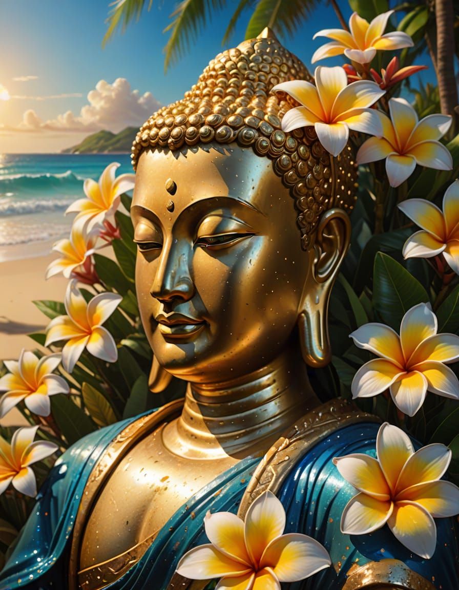 Surreal Tropical Paradise with Golden Buddha