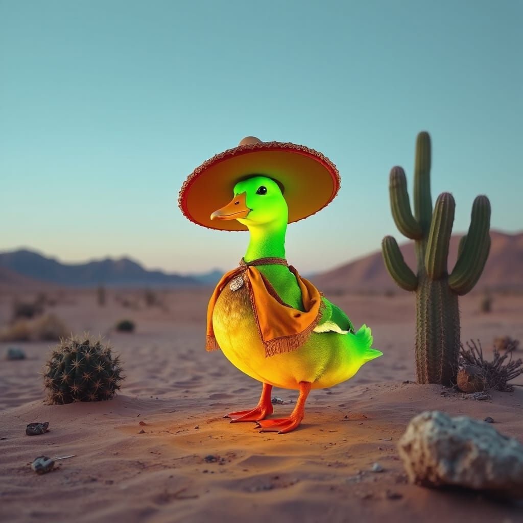 Green Duck with Sombrero in Desert, Pop Art Screen Print
