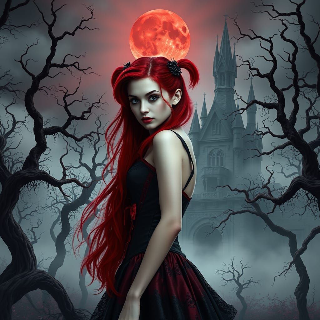 Gothic Princess Under the Crimson Blood Moon