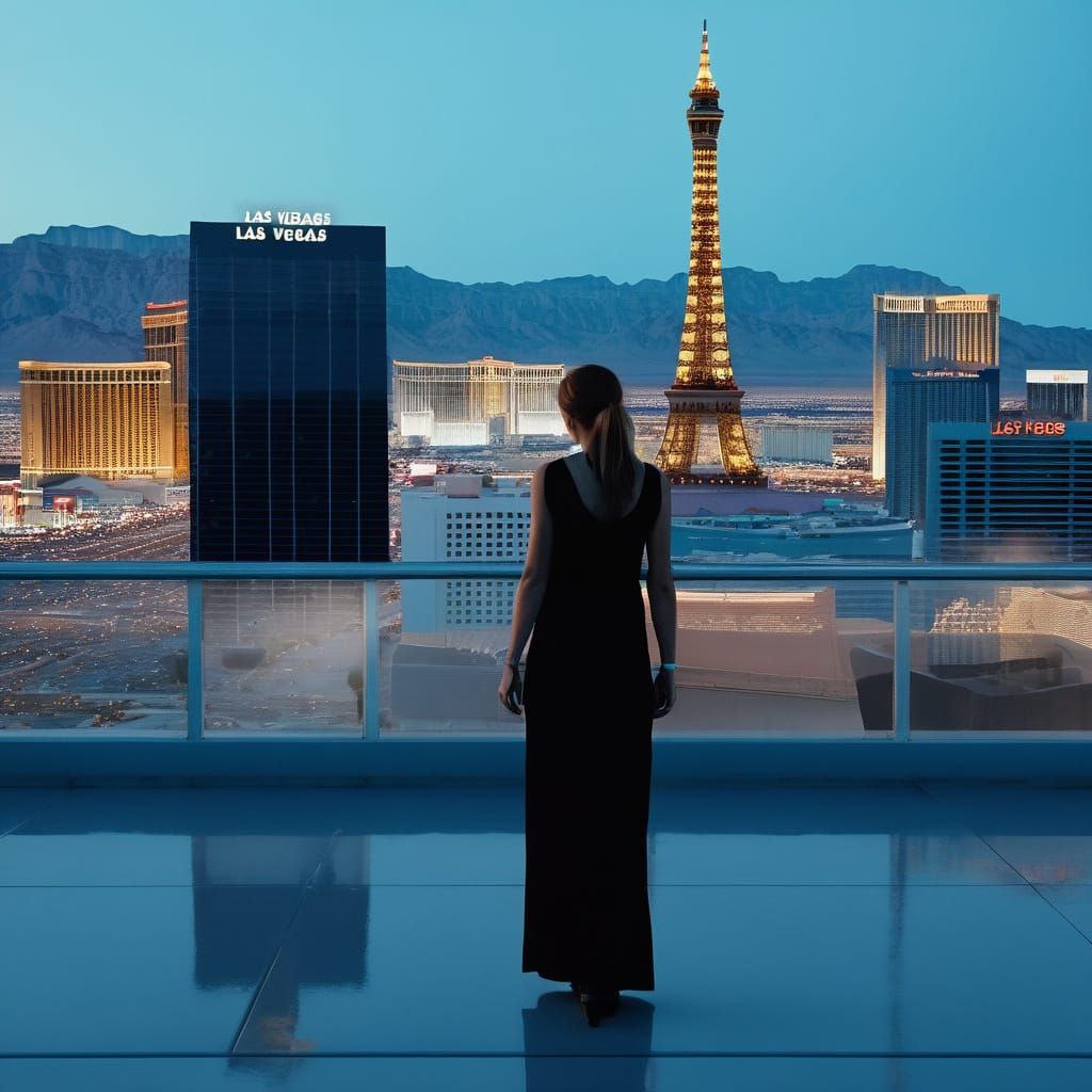 Woman on Las Vegas Skyscraper Terrace in Cinematic Style