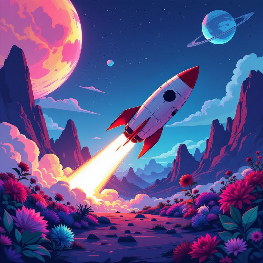 Retro Rocket Landing on Alien Planet in Retro-Futuristic Sty...