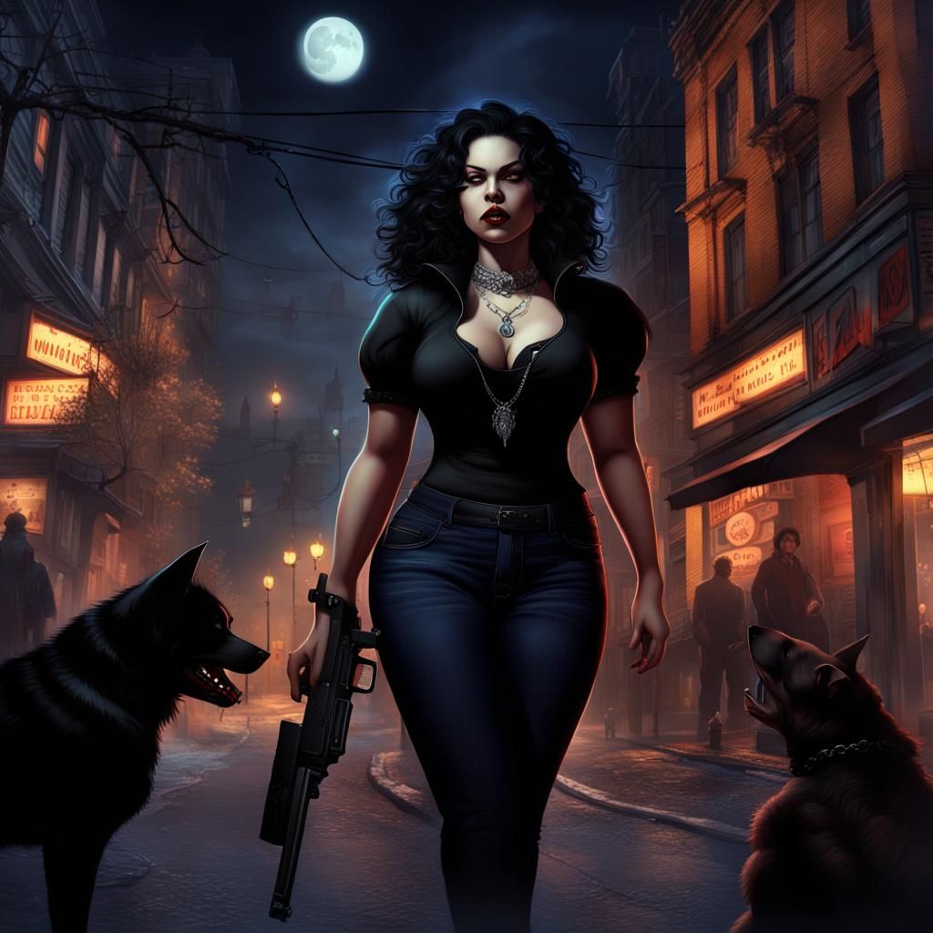 Vampire Woman Walking Dog Downtown at Night