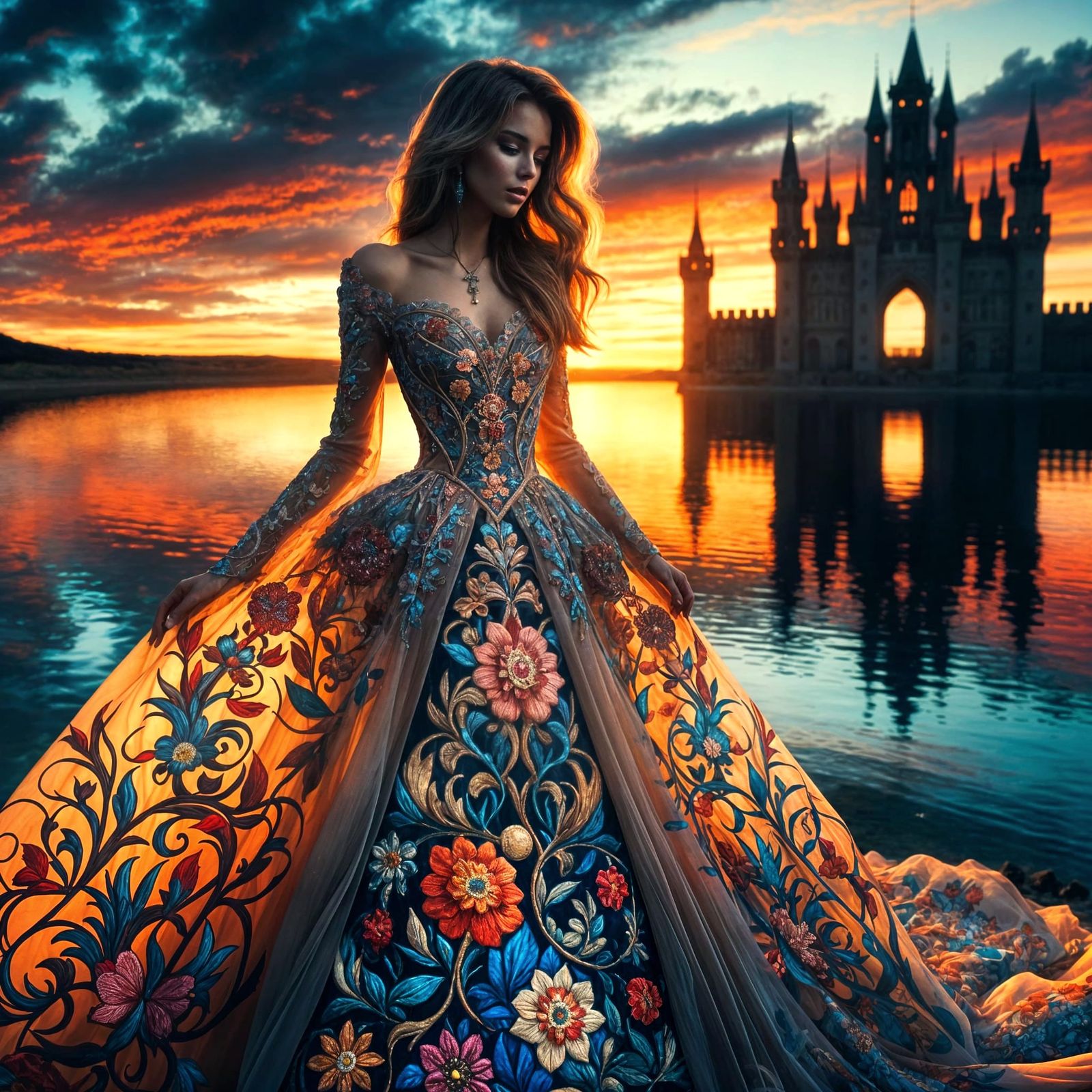 Medieval Princess in Vibrant Sunset Castle Scene
