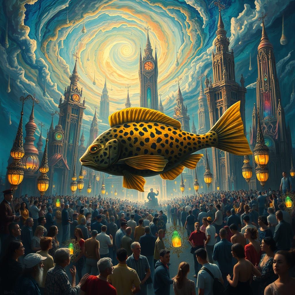 Dreamlike Cityscape with Leopard Fish in Surreal Style