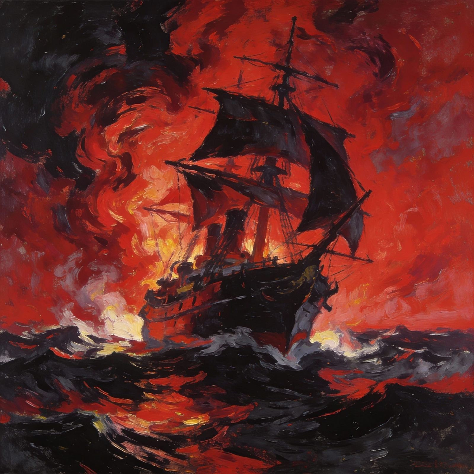 Majestic Ship Battles Crimson Tempest in Expressionist Style