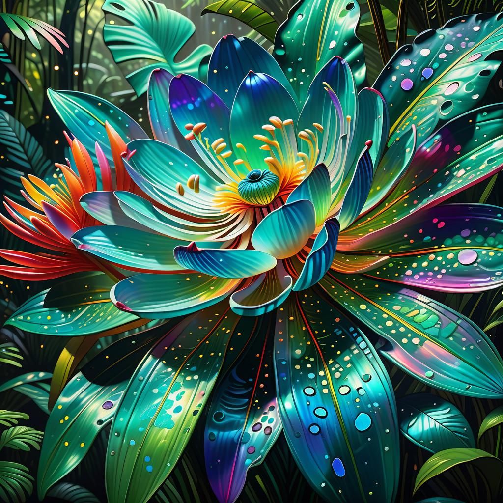 Bioluminescent Exotic Flower in Rainforest, Hyperrealistic S...