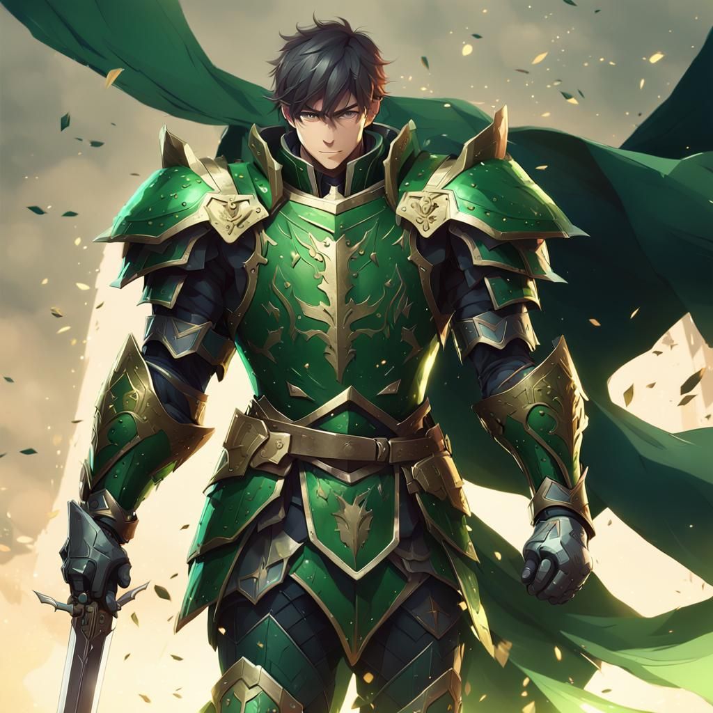 Anime Knight in Green Armor, 3D Render
