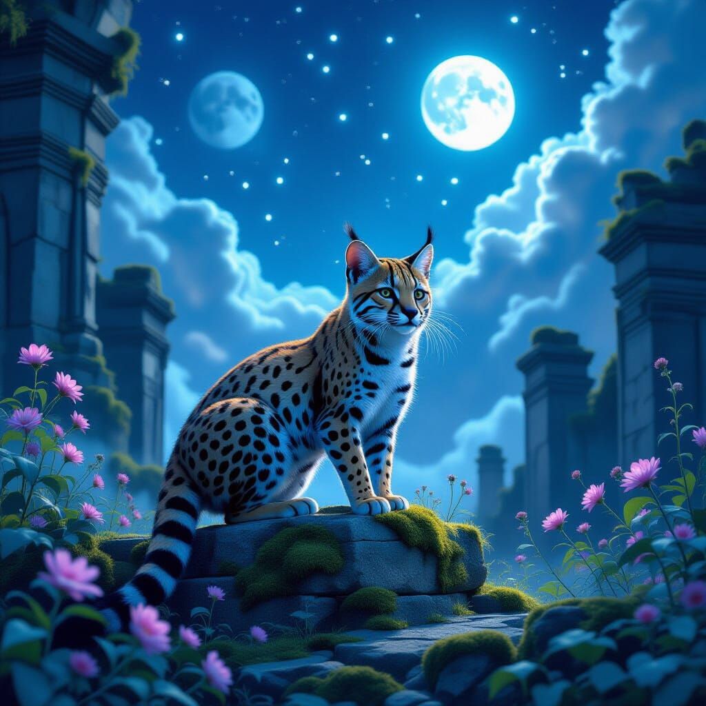 Majestic Nebula Ocelot on Ancient Ruins