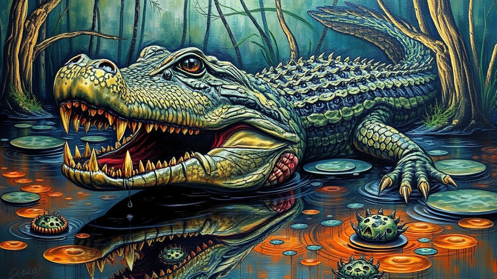 Creepy Alligator in Swamp: Psychedelic Acrylic Art