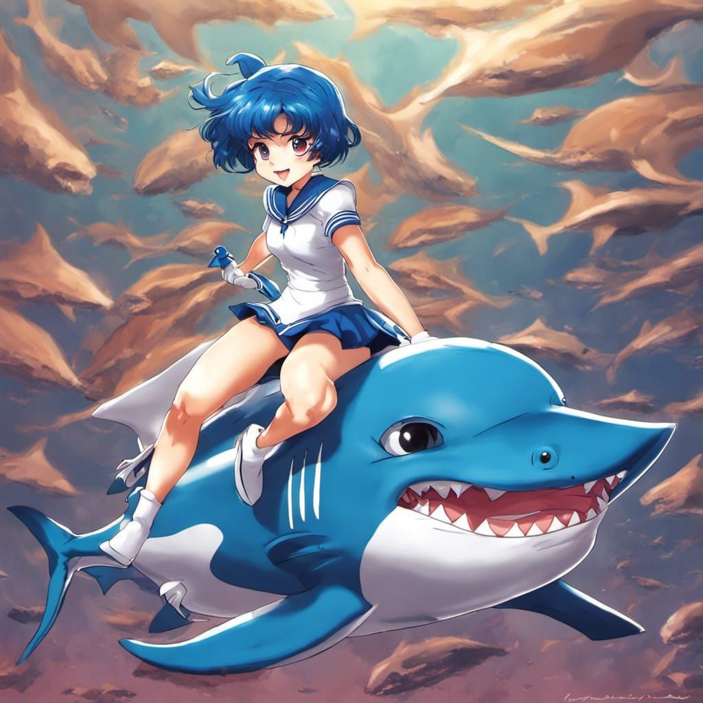 Chibi Sailor Mercury Shark Ride: Anime Style