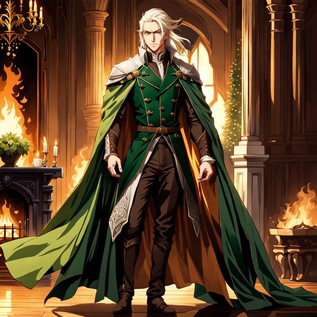 Elven Man in Green Cape by Fireplace, Anime Style