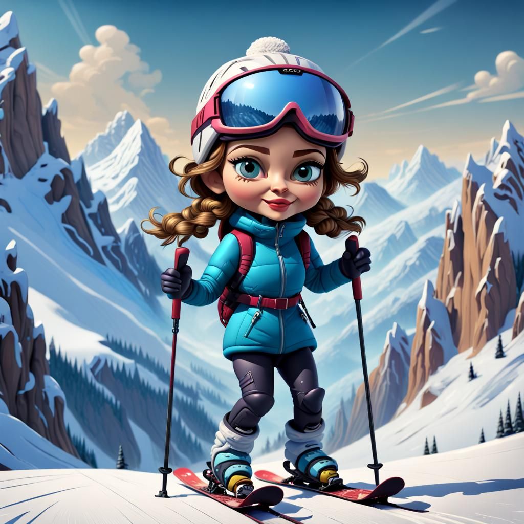 Cartoon Caricature of Woman Skiing in Mountains