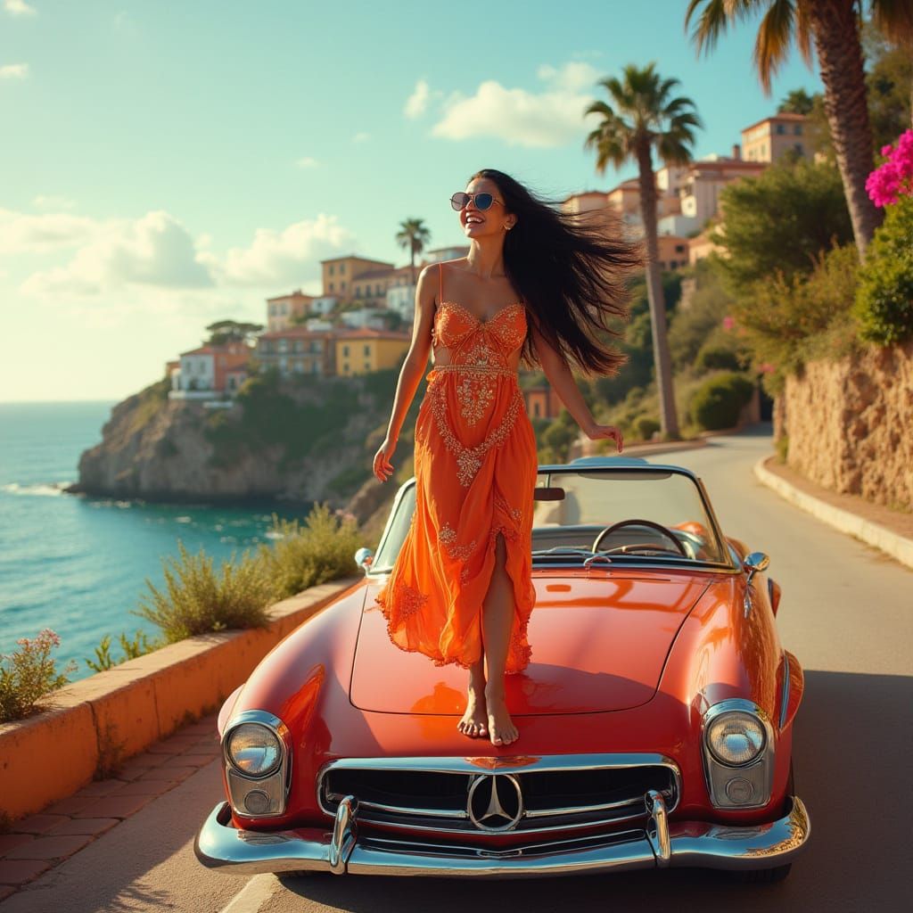 Confident Woman Dances on Vintage Convertible in Coastal Par...