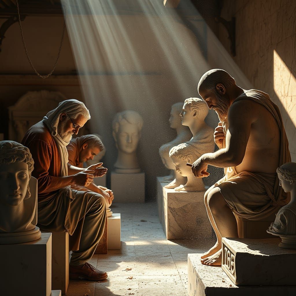 Ancient Greek Sculptors Carving Marble in Sunlit Workshop